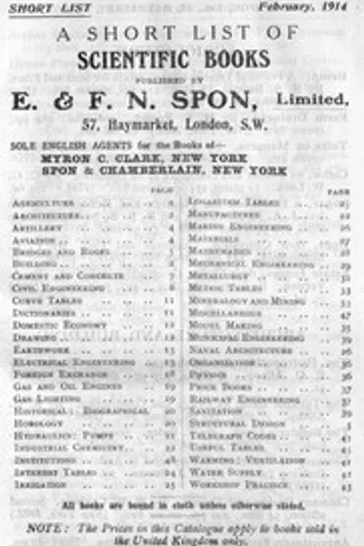 Обложка книги "Краткий список научных книг, изданных E. & F. N. Spon, Limited. Февраль 1914"