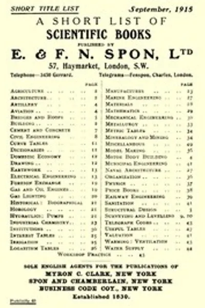 Обложка книги "Краткий список научных книг, изданных E. & F. N. Spon, Ltd. Сентябрь 1915"